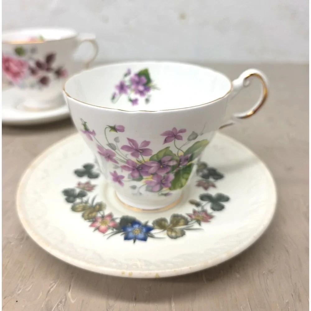 Mismatch Vtg Tea Set for 2 English Bone China Violets Roses Floral Cottagecore